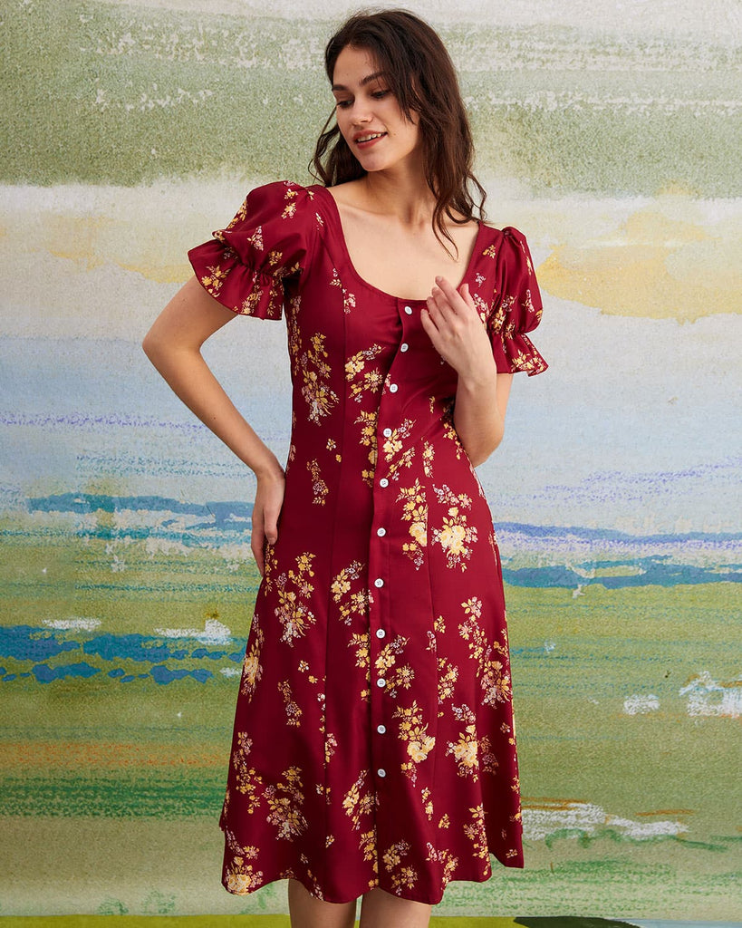 The U-Neck Puff Sleeve Floral Dress Red Dresses - RIHOAS