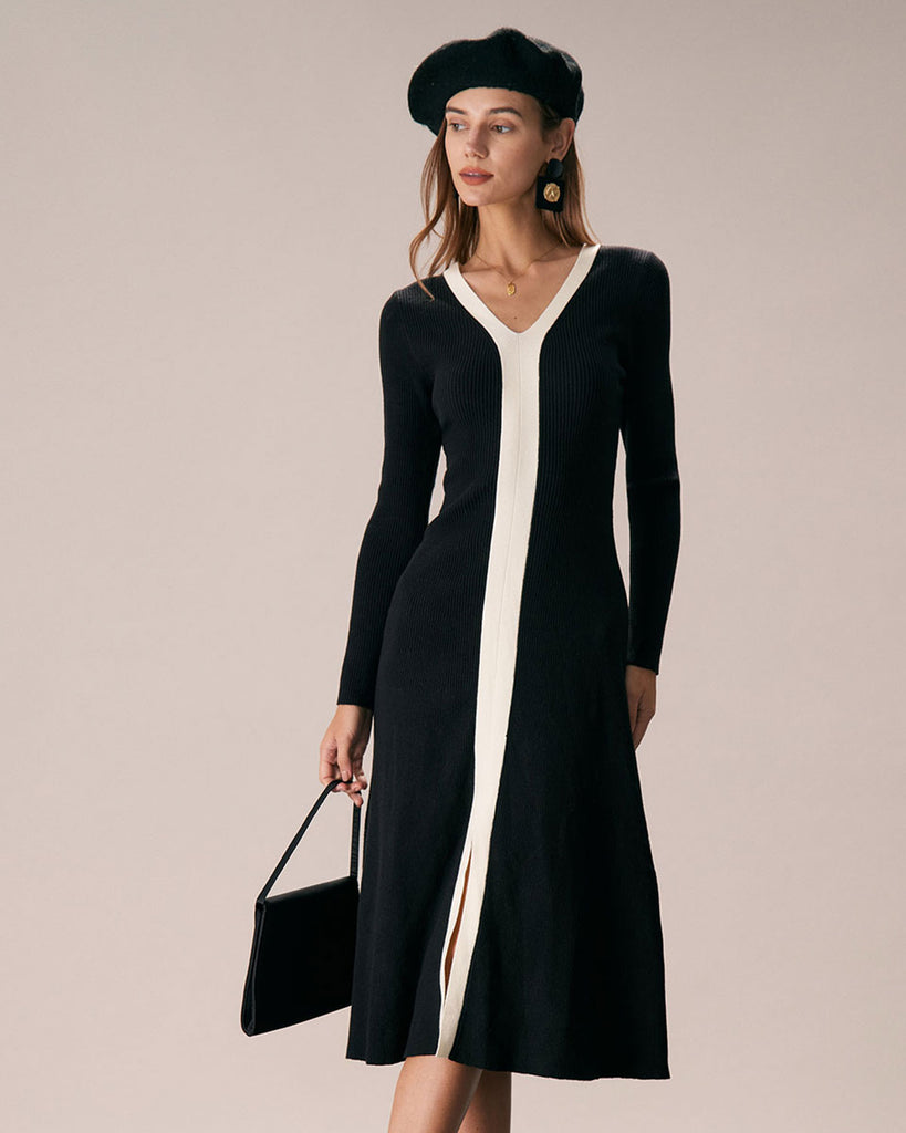 The V-Neck Black And White Color Block Dress Black Dresses - RIHOAS