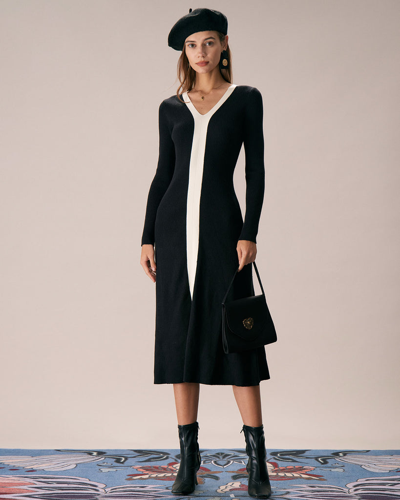 The V-Neck Black And White Color Block Dress Dresses - RIHOAS