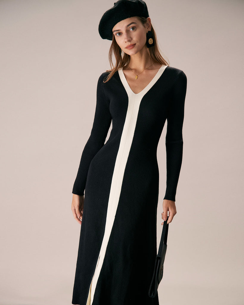 The V-Neck Black And White Color Block Dress Dresses - RIHOAS