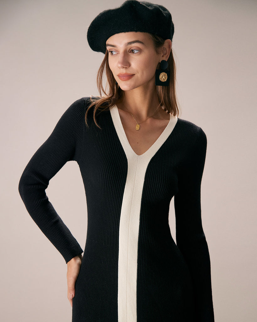 The V-Neck Black And White Color Block Dress Dresses - RIHOAS