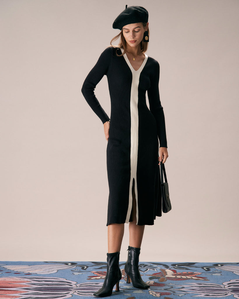 The V-Neck Black And White Color Block Dress Dresses - RIHOAS