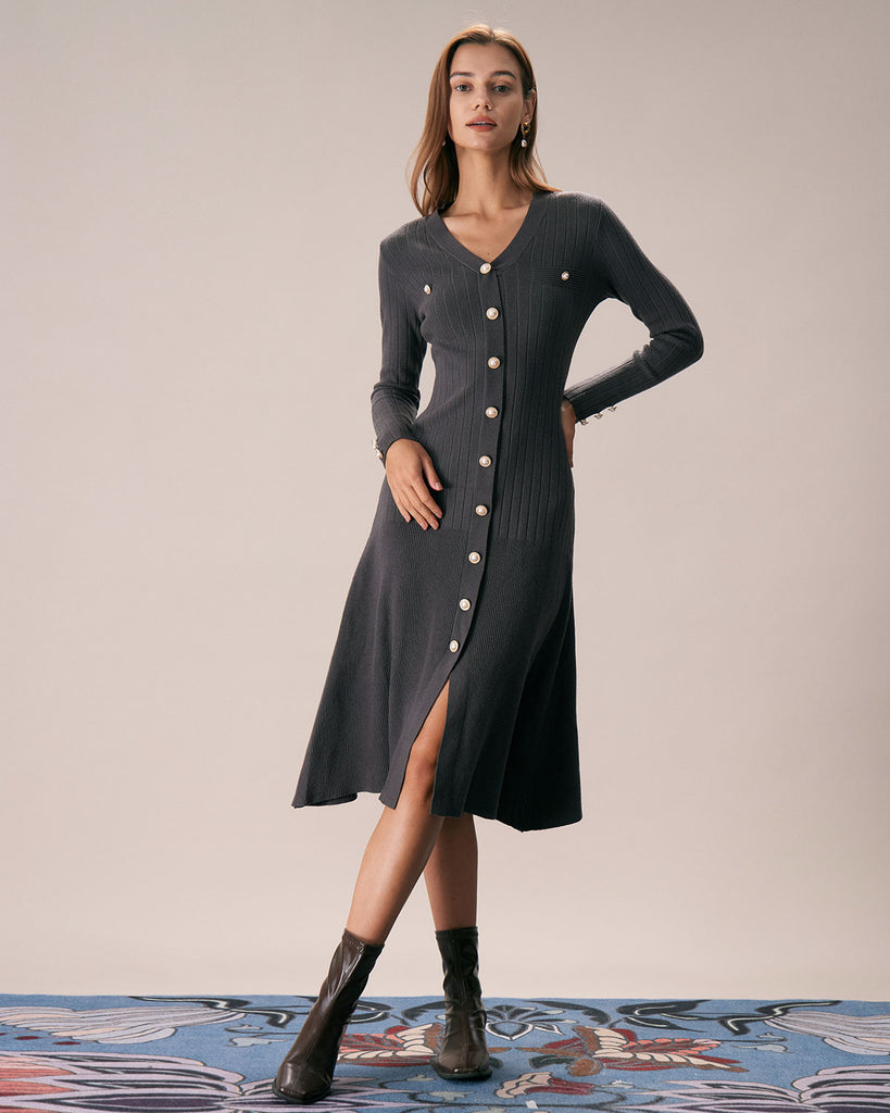 The V-Neck Button-Down A-Hem Dress Dark Grey Dresses - RIHOAS