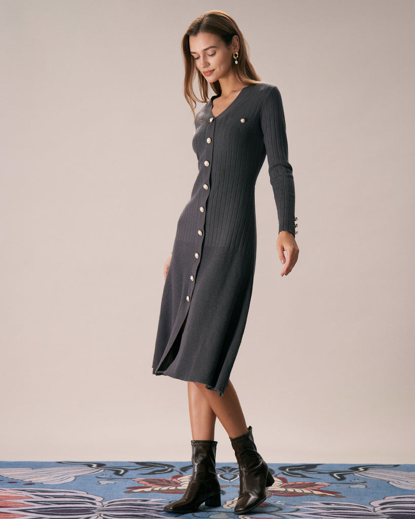 The V-Neck Button-Down A-Hem Dress Dresses - RIHOAS