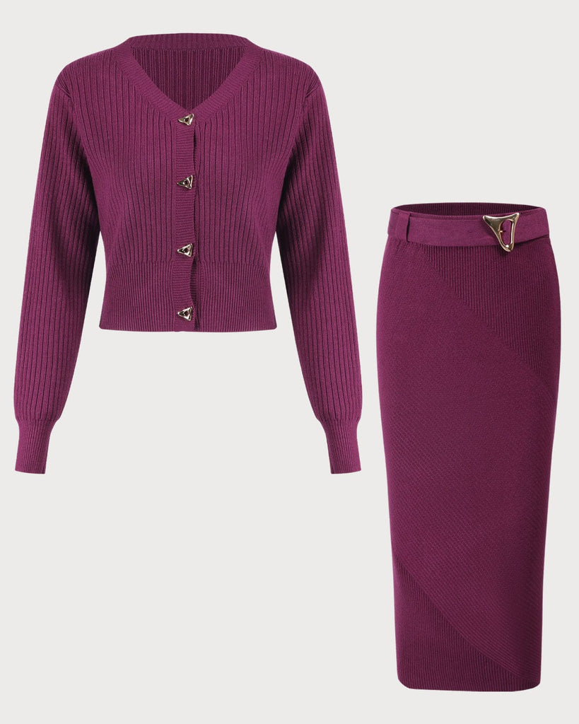 The V-Neck Button-Knit Two-Piece Set Purple Two-Piece Outfits - RIHOAS