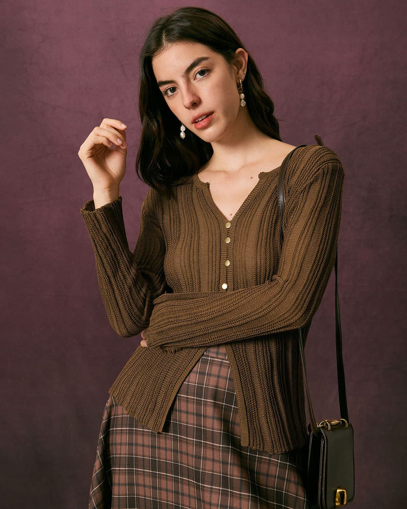 The V-Neck Button Detail Knit Top Coffee Tops - RIHOAS