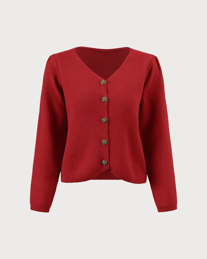 The V-Neck Button Detailed Cardigan Red Tops - RIHOAS