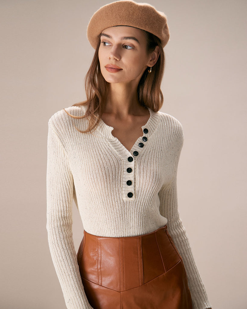 The V-Neck Buttoned Knit Top Apricot Tops - RIHOAS