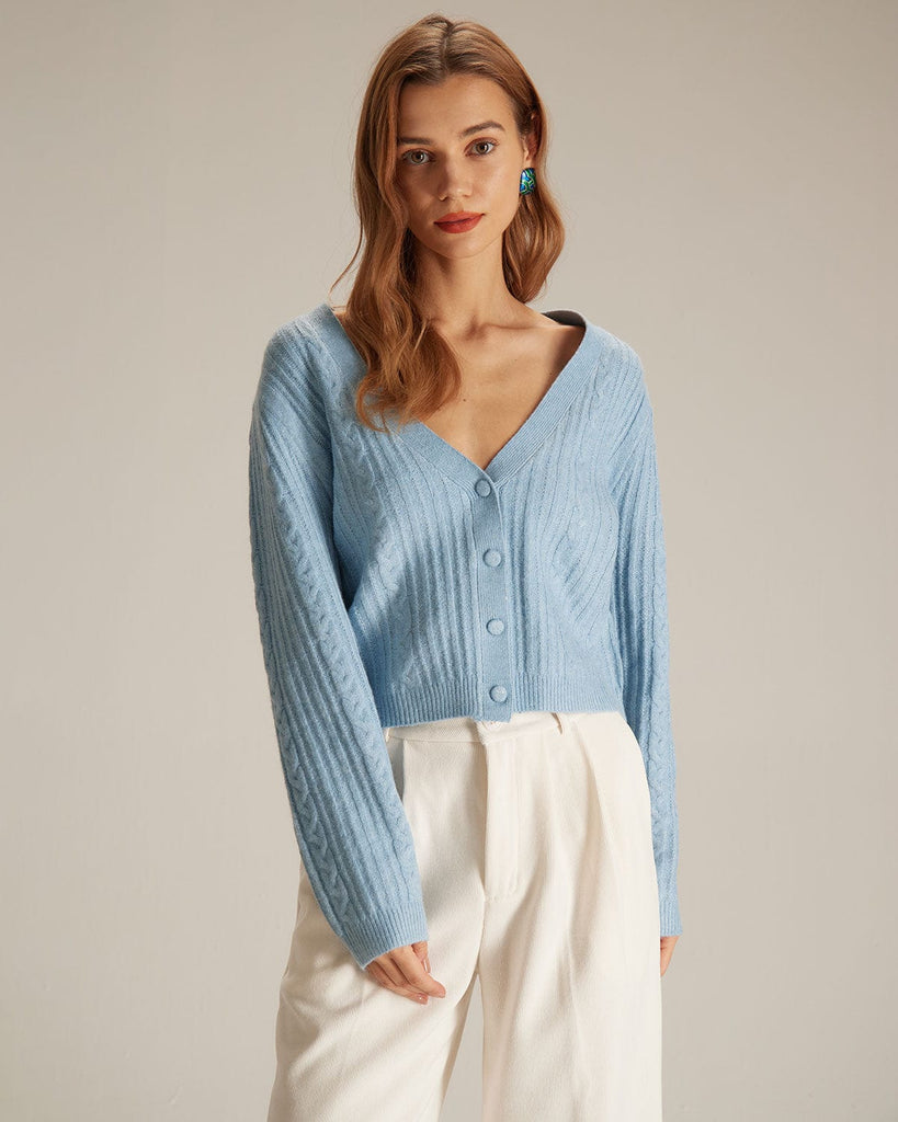 The V-Neck Cable Cardigan Blue Tops - RIHOAS
