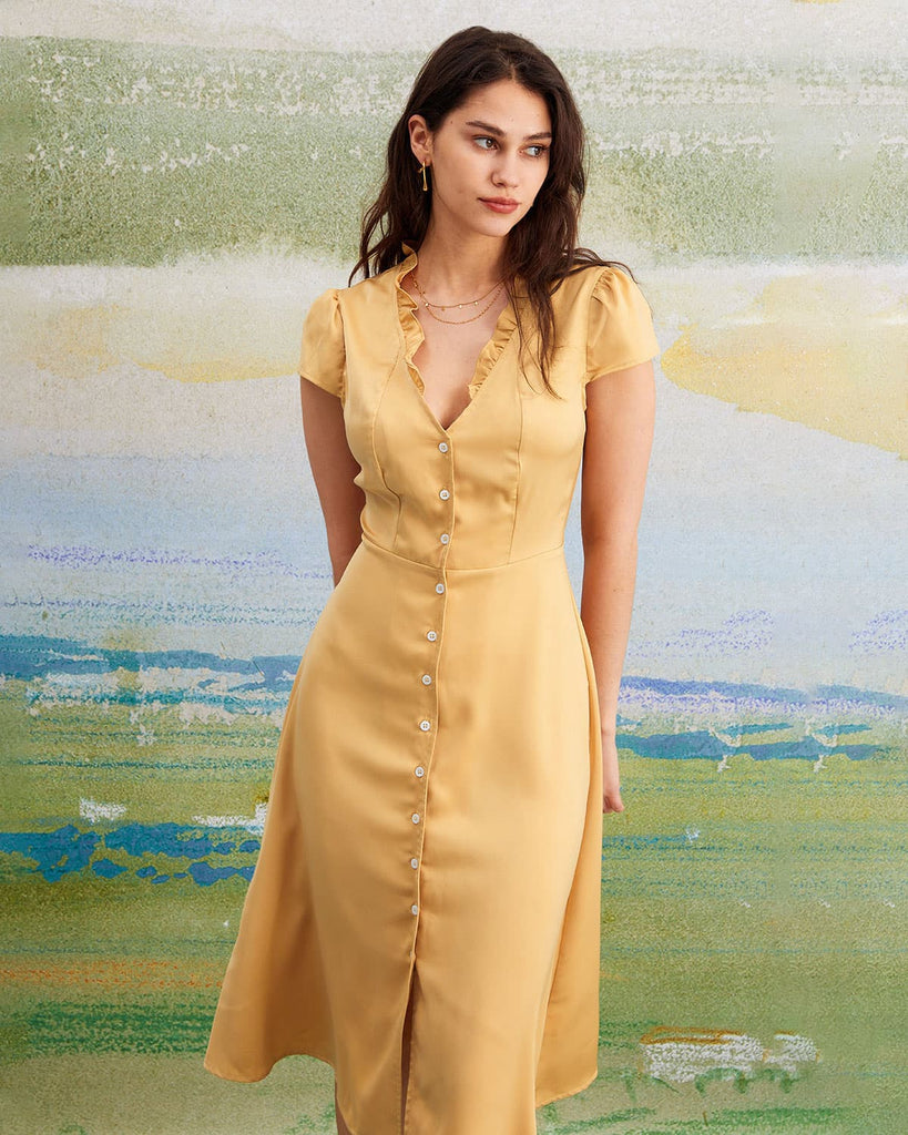 The V-Neck Cap Sleeve Ruffle Midi Dress Dresses - RIHOAS