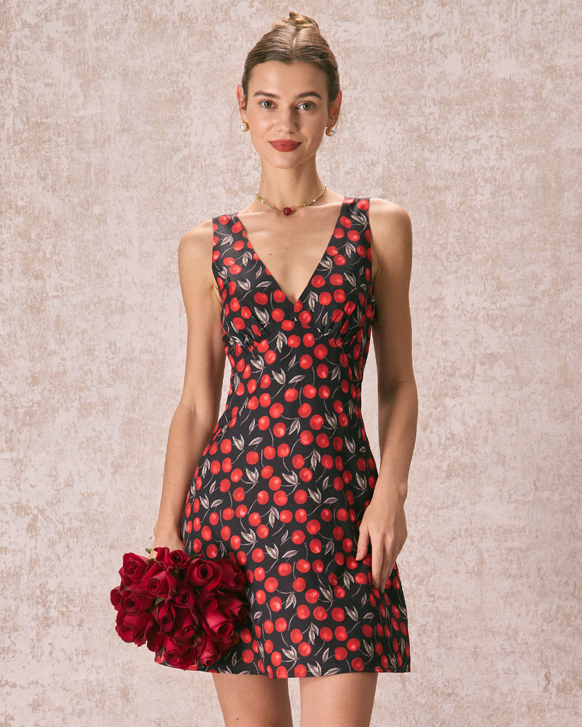 The V-Neck Cherry Print Mini Dress Dresses - RIHOAS