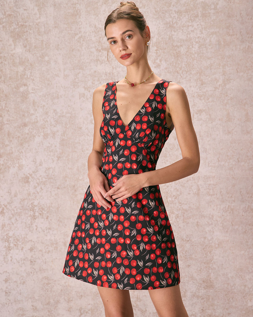 The V-Neck Cherry Print Mini Dress Multi Dresses - RIHOAS