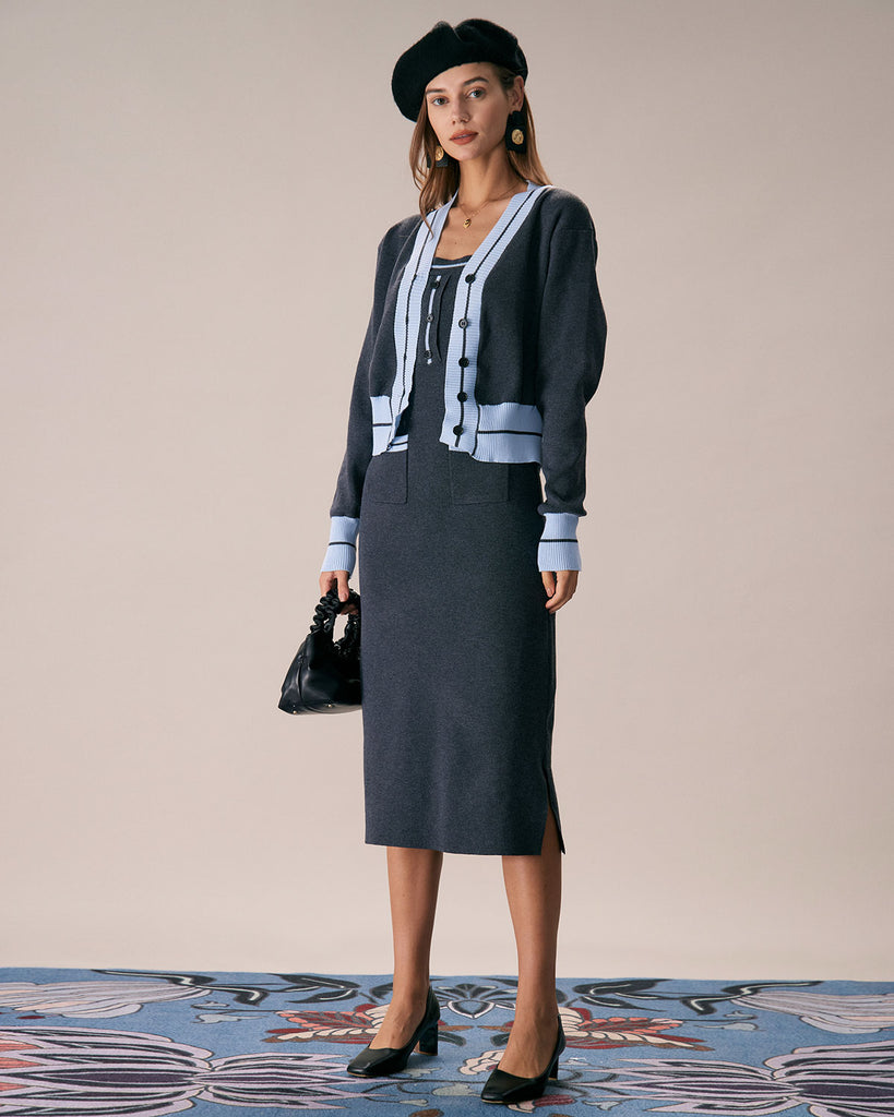 The V-Neck Colorblock Knitted Suit Grey Two-Piece Outfits - RIHOAS