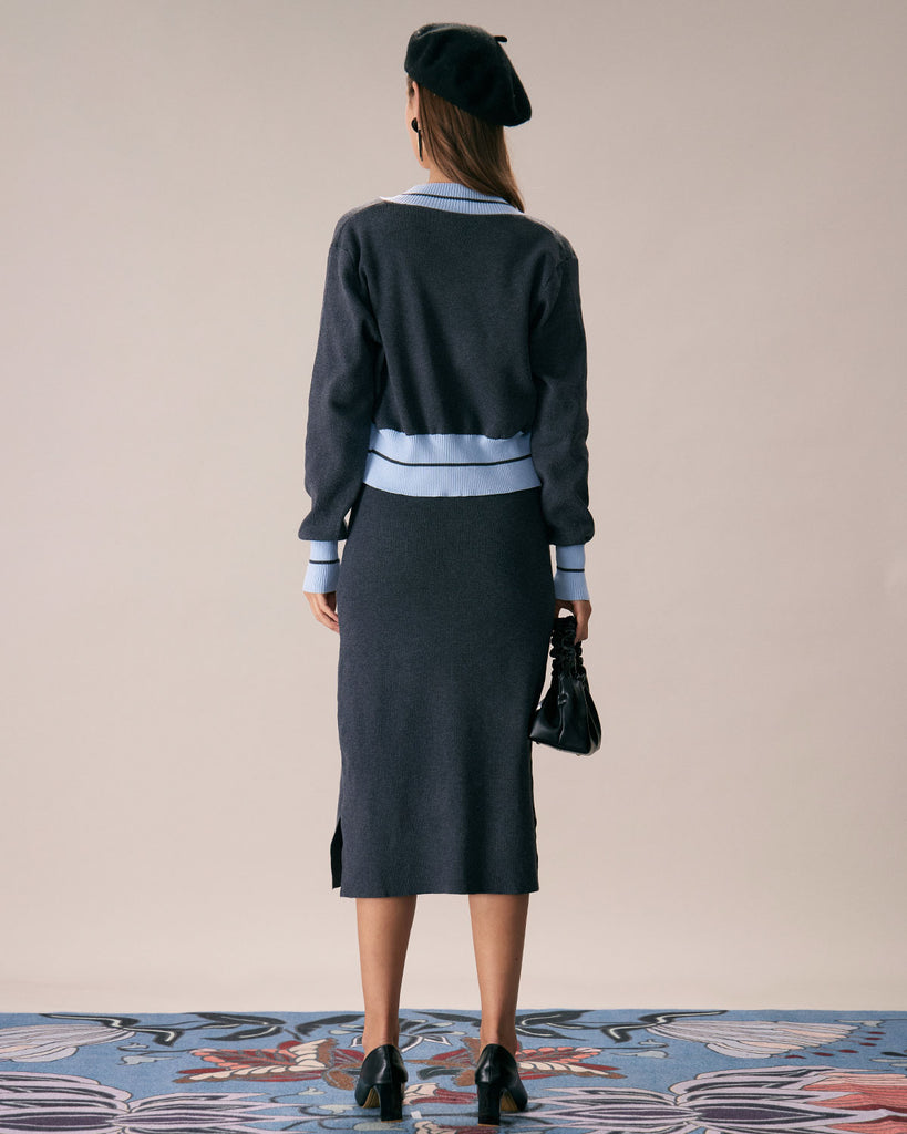 The V-Neck Colorblock Knitted Suit Two-Piece Outfits - RIHOAS