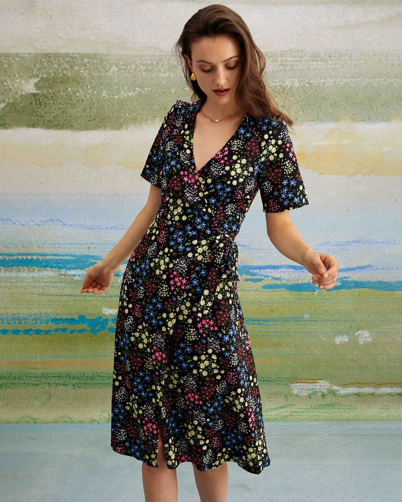 The V-Neck Floral Wrap Dress Dresses - RIHOAS