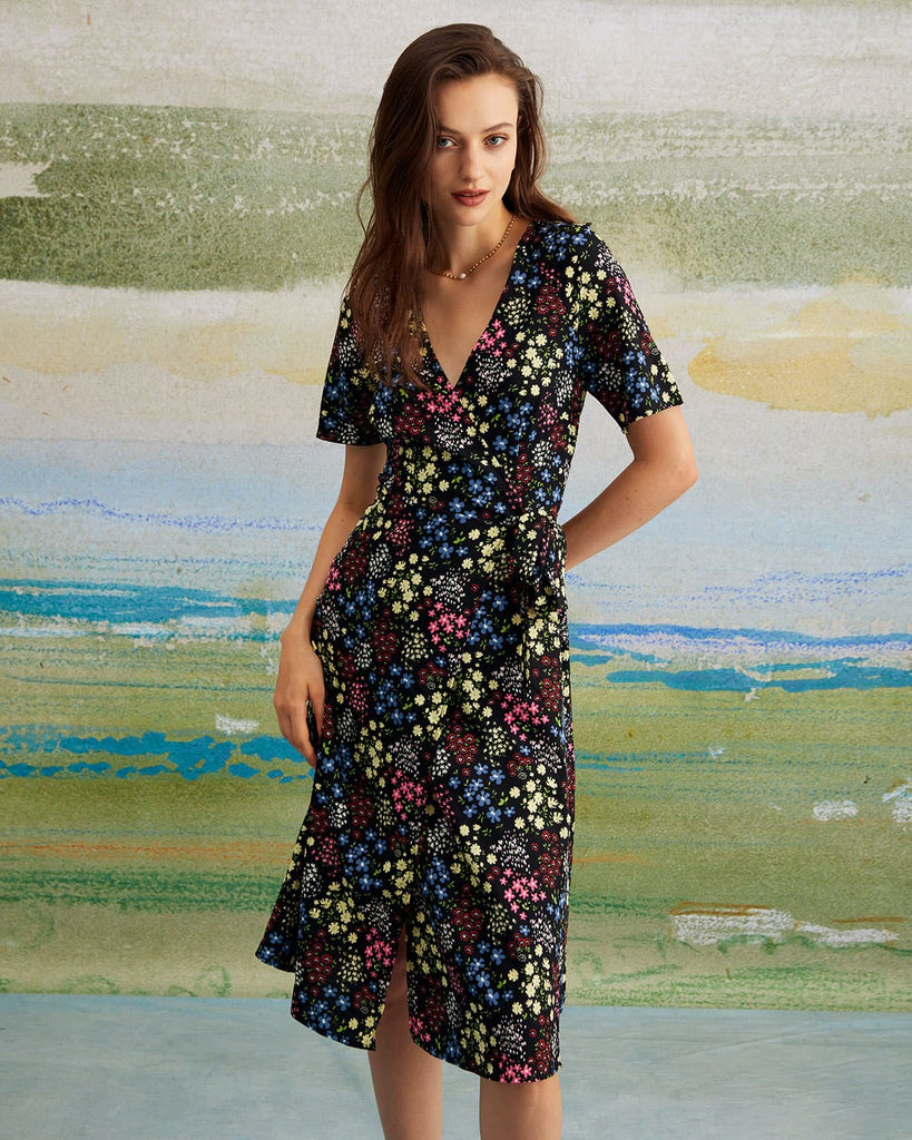 The V-Neck Floral Wrap Dress Dresses - RIHOAS