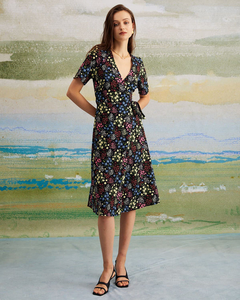 The V-Neck Floral Wrap Dress Dresses - RIHOAS