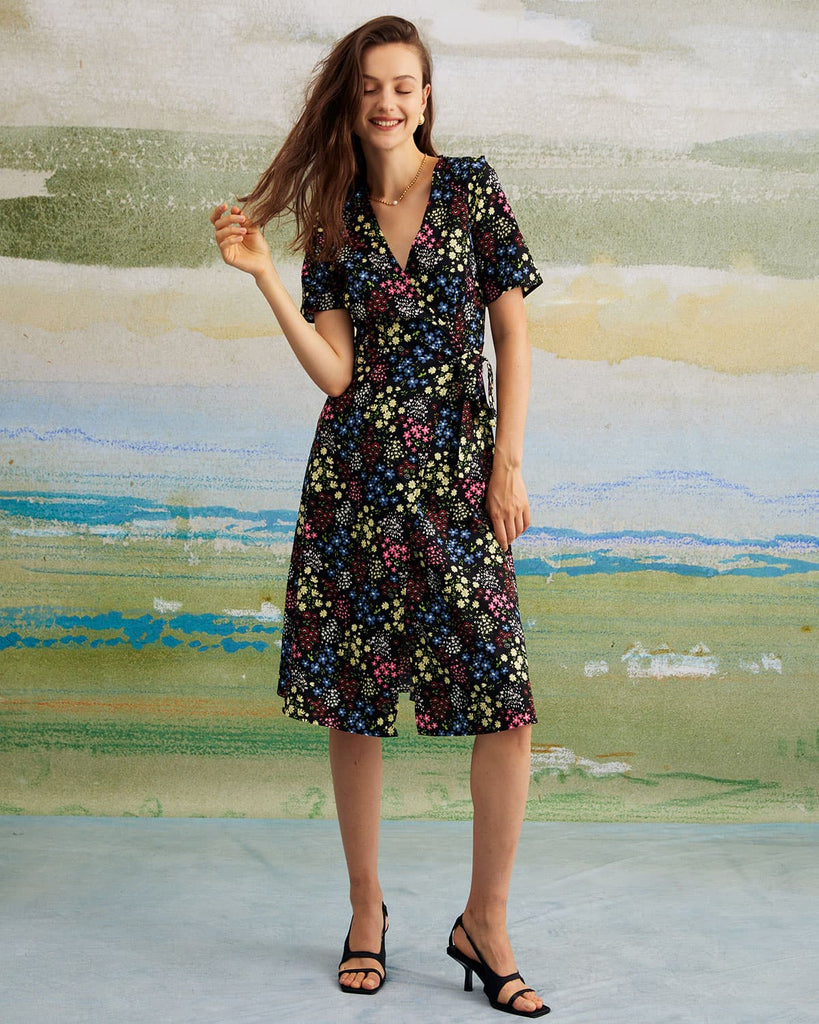 The V-Neck Floral Wrap Dress Dresses - RIHOAS