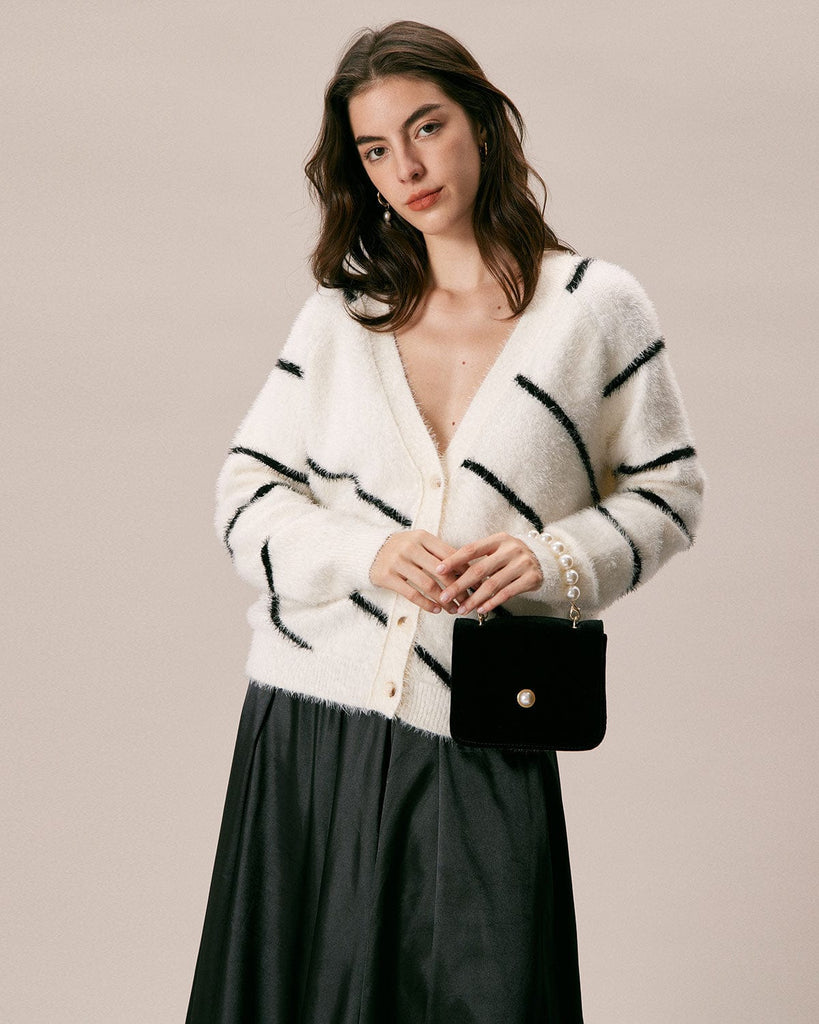 The V-Neck Fluffy Striped Cardigan Tops - RIHOAS
