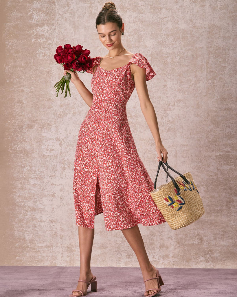 The V-Neck Front Slit Floral Dress Dresses - RIHOAS