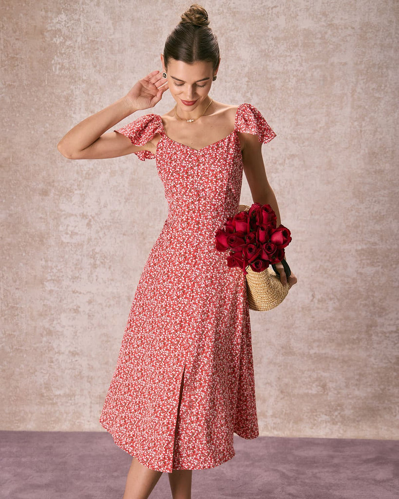 The V-Neck Front Slit Floral Dress Red Dresses - RIHOAS