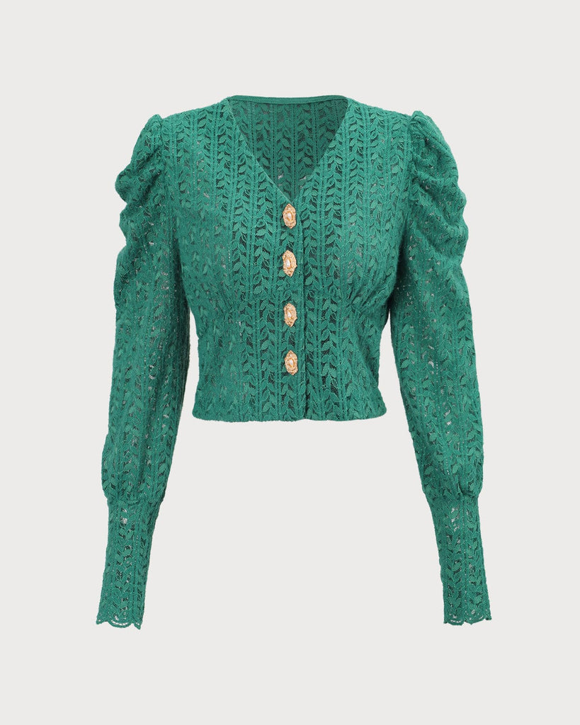 The V-Neck Gigot Sleeve Cardigan Green Tops - RIHOAS
