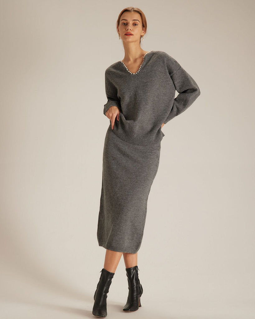 The V-Neck Gray Sweater Suit Grey Two-Piece Outfits - RIHOAS