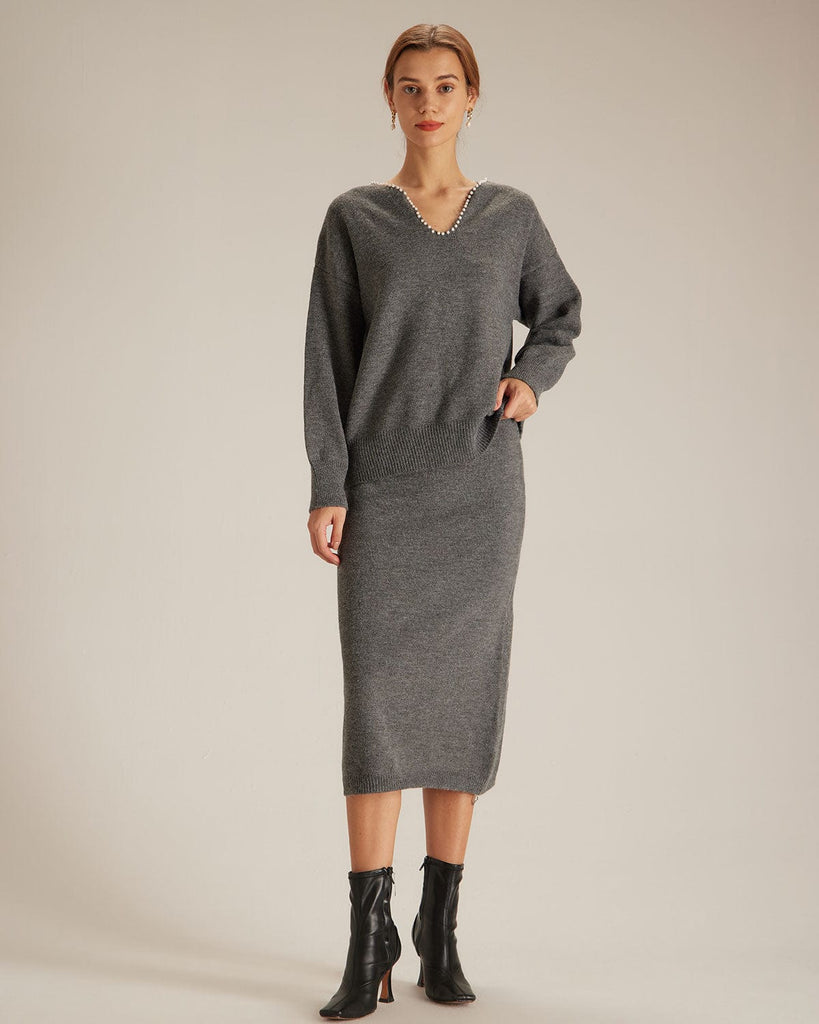 The V-Neck Gray Sweater Suit Two-Piece Outfits - RIHOAS
