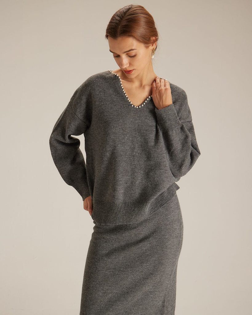 The V-Neck Gray Sweater Suit Two-Piece Outfits - RIHOAS