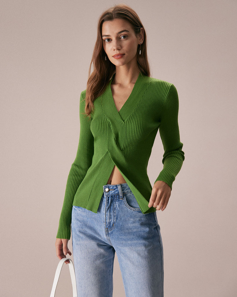The V-Neck Green Knitted Top Green Tops - RIHOAS