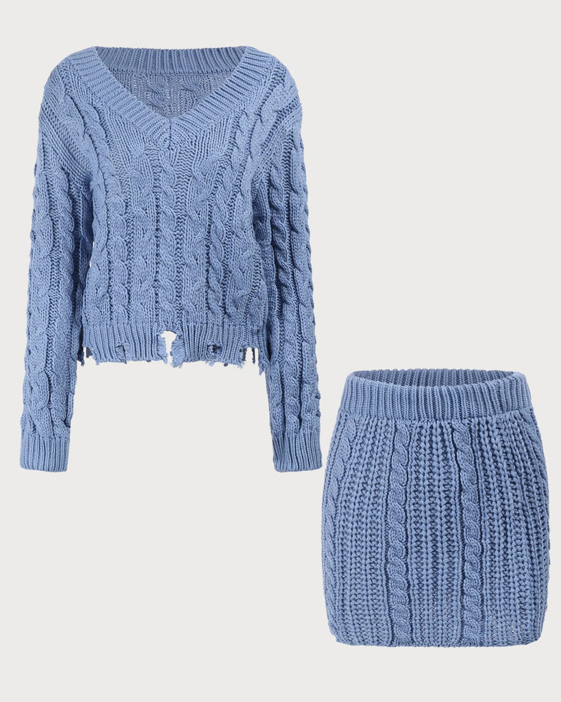 The V-Neck Hook Woolen Suit Blue Two-Piece Outfits - RIHOAS