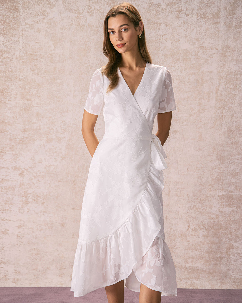 The V-Neck Jacquard Wrap Dress White Dresses - RIHOAS
