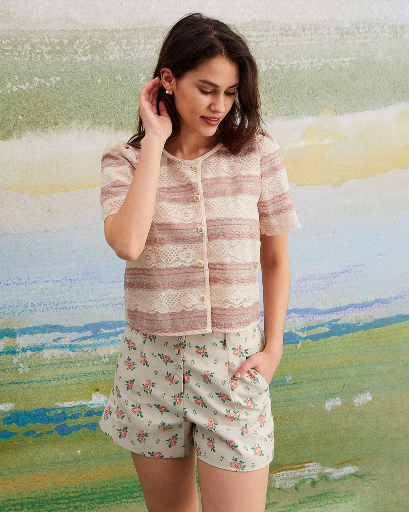 The V-Neck Lace Cardigan Pink Tops - RIHOAS
