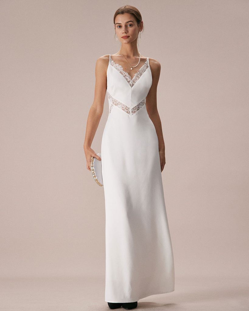 The V-Neck Lace Maxi Dress White Dresses - RIHOAS