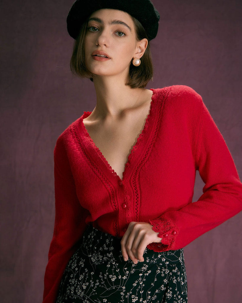 The V-Neck Lace Trim Cardigan Red Tops - RIHOAS