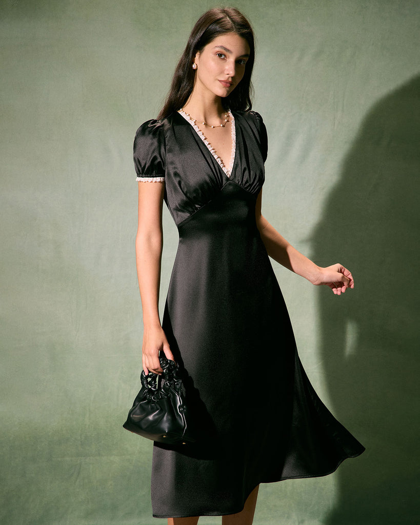 The V-Neck Lace Trim Midi Dress Black Dresses - RIHOAS