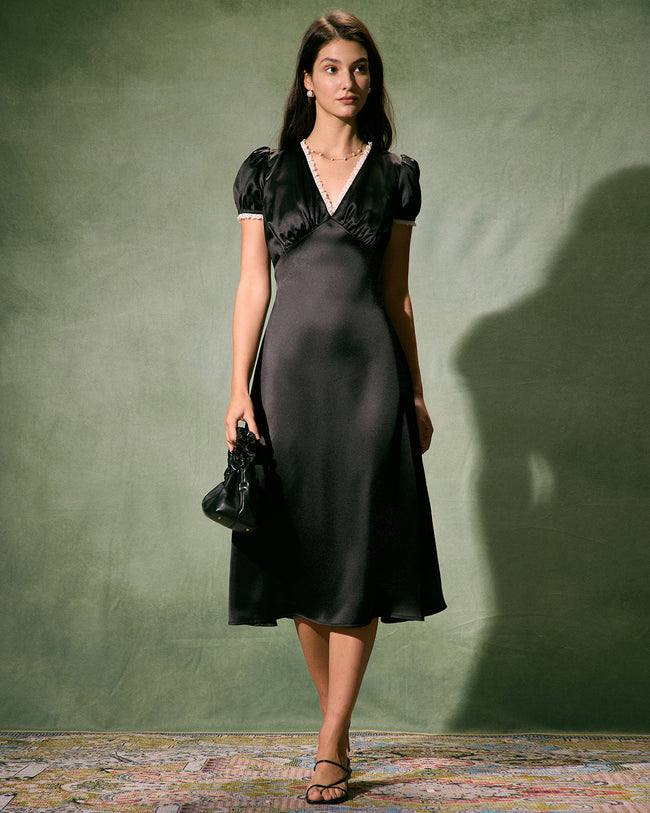 The Black V Neck Lace Trim Satin Midi Dress Reviews Black Dresses RIHOAS