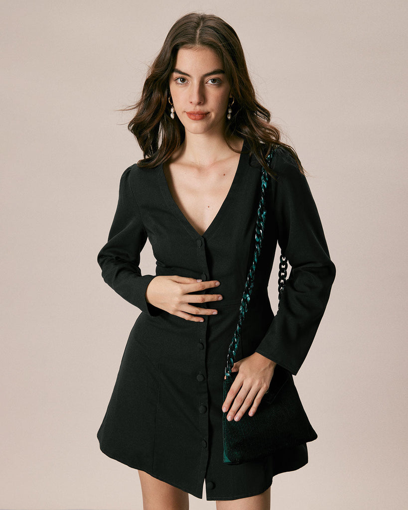 The V-Neck Long Sleeve Shirt Dress Black Dresses - RIHOAS