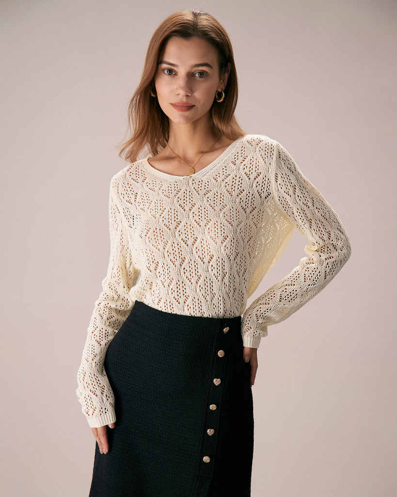 The V-Neck Mesh Knit Top Apricot Tops - RIHOAS