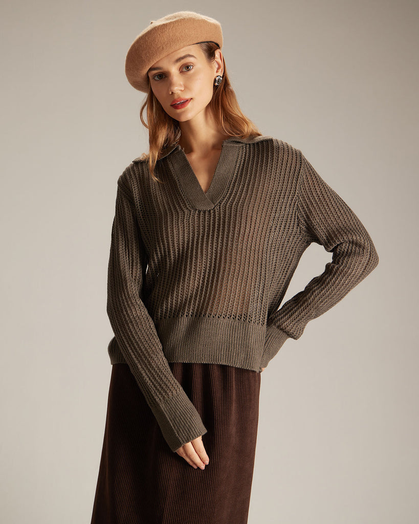 The V-Neck Pointelle Sweater Army Green Tops - RIHOAS
