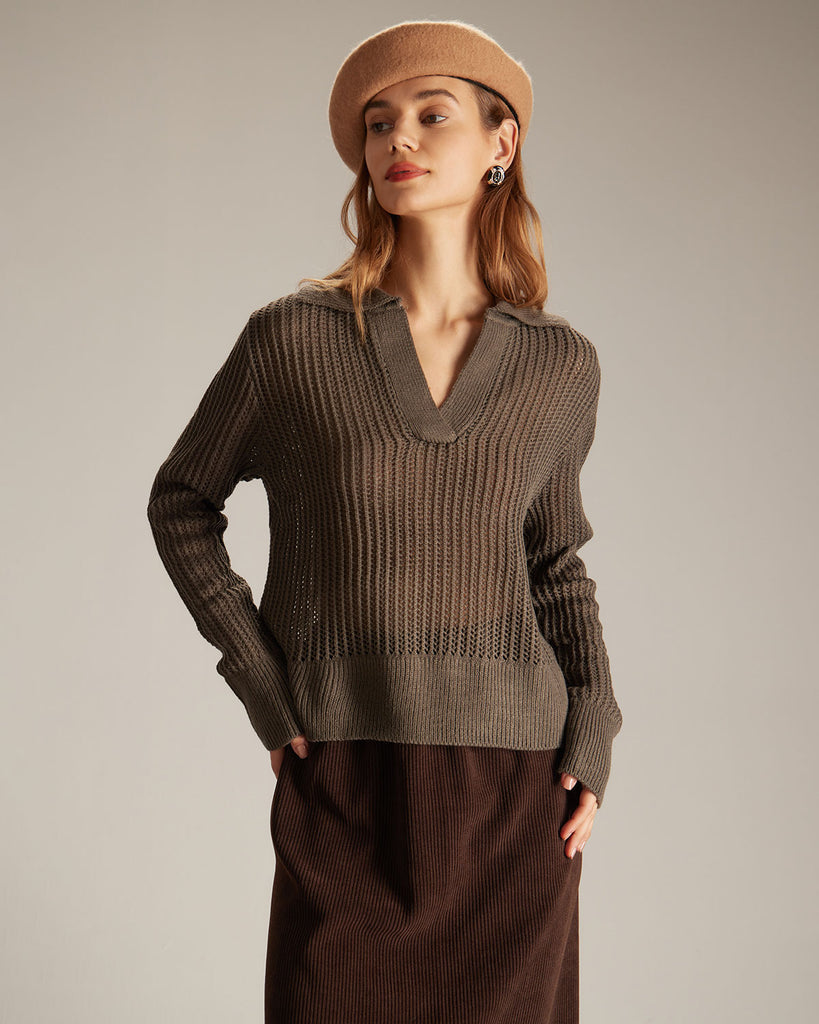 The V-Neck Pointelle Sweater Tops - RIHOAS
