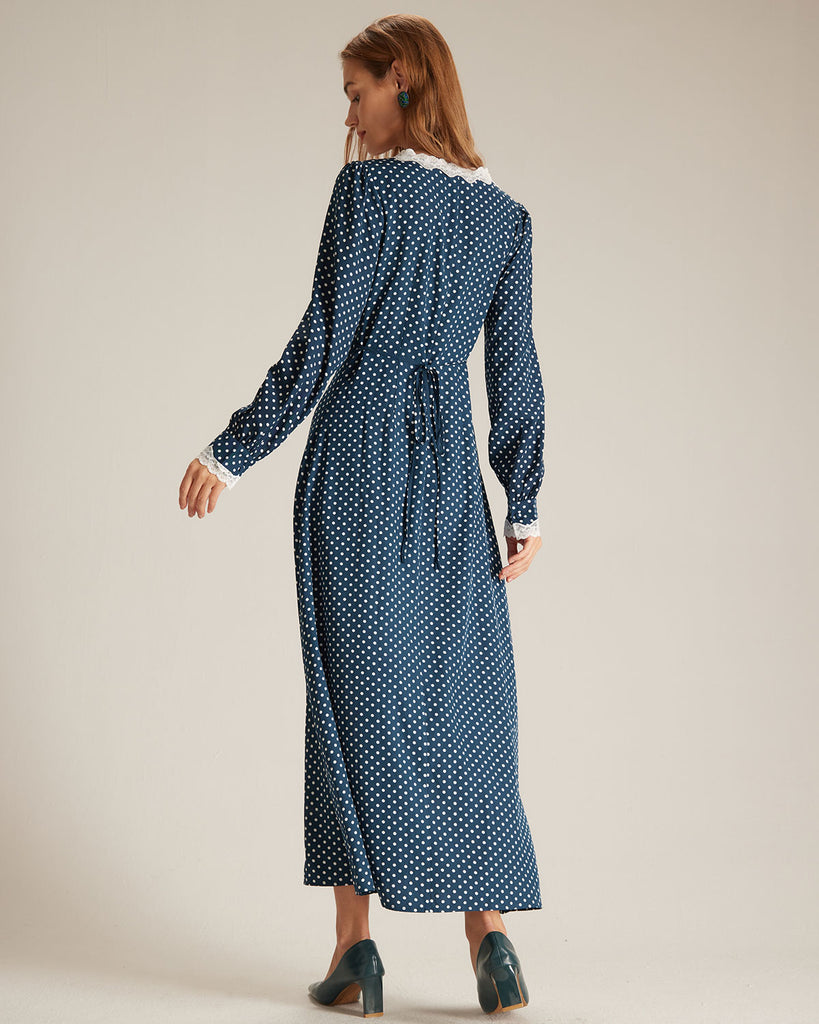 The V-Neck Polka Dot Lace Long Sleeve Dress Dresses - RIHOAS