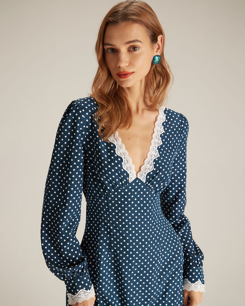 The V-Neck Polka Dot Lace Long Sleeve Dress Dresses - RIHOAS