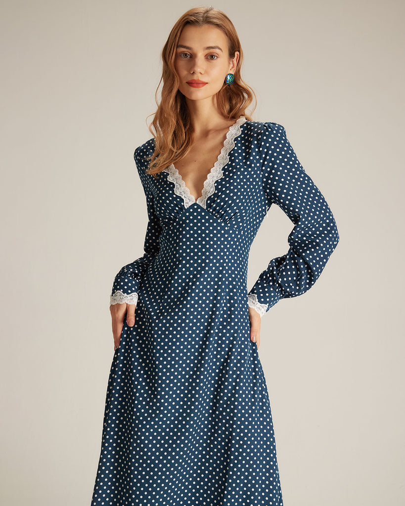 The V-Neck Polka Dot Lace Long Sleeve Dress Dresses - RIHOAS