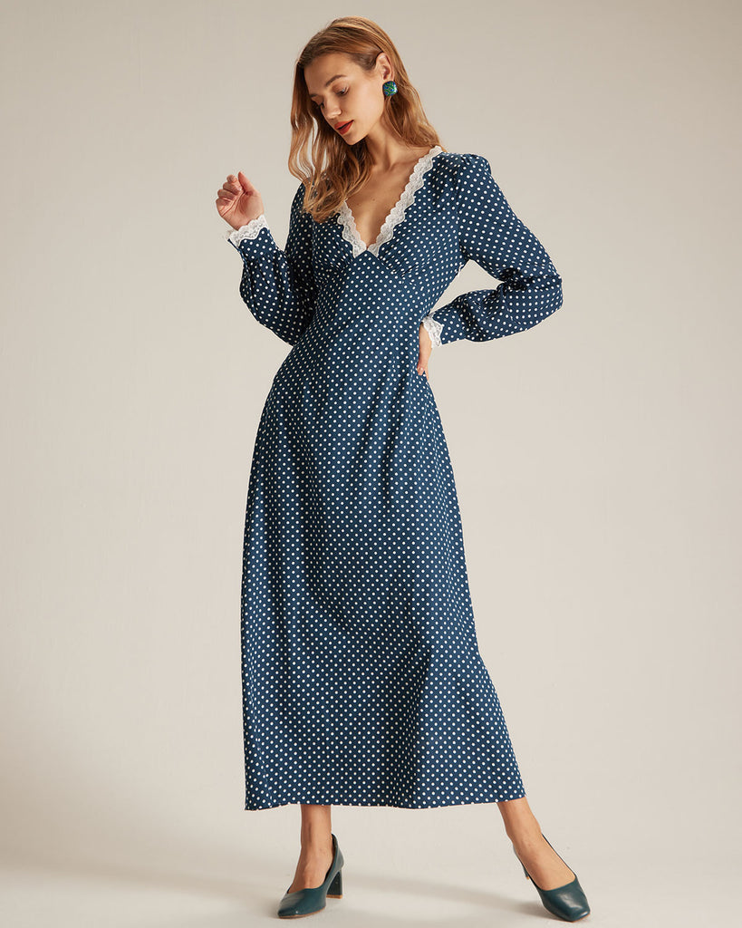 The V-Neck Polka Dot Lace Long Sleeve Dress Dresses - RIHOAS