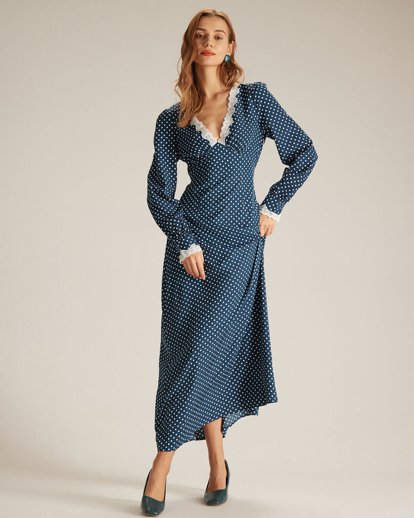 The V-Neck Polka Dot Lace Long Sleeve Dress Navy Dresses - RIHOAS