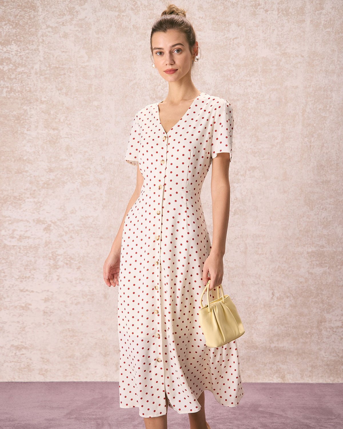 The Beige V Neck Polka Dot Button Midi Dress & Reviews - Beige - Dresses | RIHOAS The Beige V Neck Polka Dot Button Midi Dress & Reviews - Beige - Dresses | RIHOAS