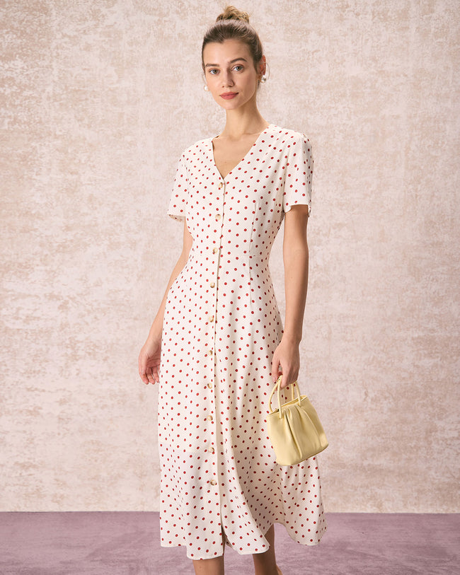 The Beige V Neck Polka Dot Button Midi Dress - Main Image