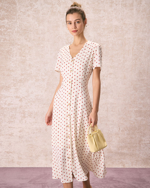 cream polka dot taffeta midi dress The Beige V Neck Polka Dot Button Midi Dress & Reviews - Beige - Dresses