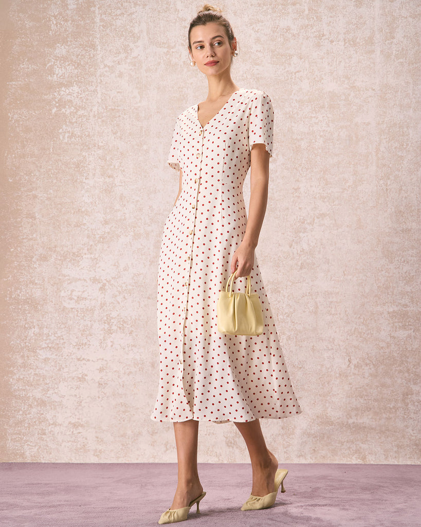 The V-Neck Polka Dot Midi Dress Dresses - RIHOAS